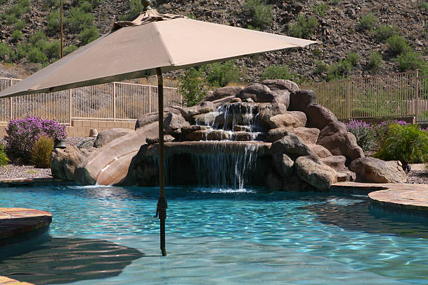 istock Umbrella in front of rock pool 176017612