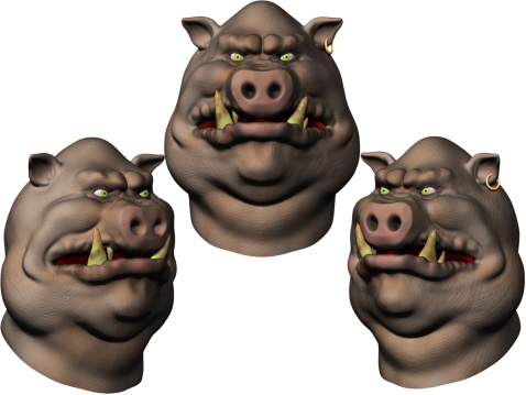 Three variations of an ugly pig character.