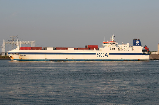 Rozenburg, Netherlands - August 21, 2013: SCA ro-ro vessel Obbola outbound Rotterdam