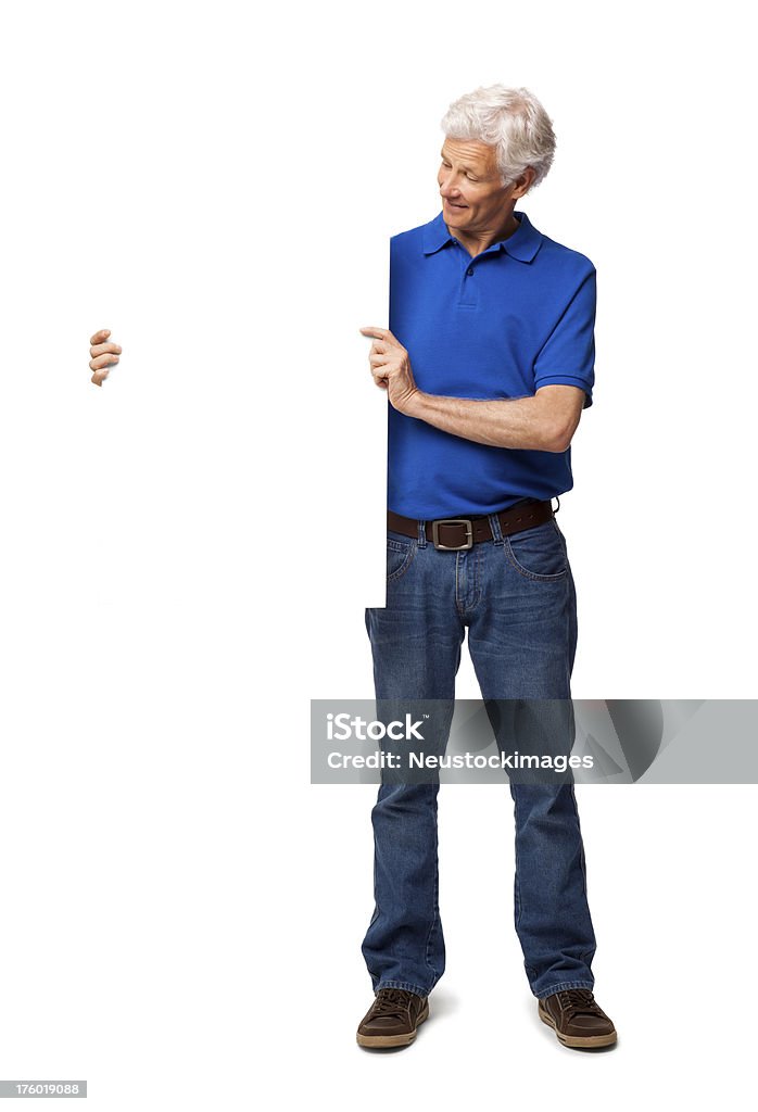 Senior hombre pensando en el signo Aislado en blanco - Foto de stock de 60-69 años libre de derechos