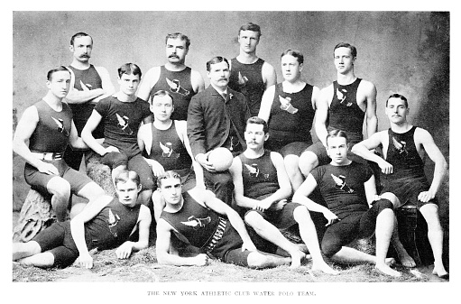 Water Polo Team of the New York Athletic Club. Photograph engraving published 1892. Original edition is from my own archives. Copyright has expired and is in Public Domain.