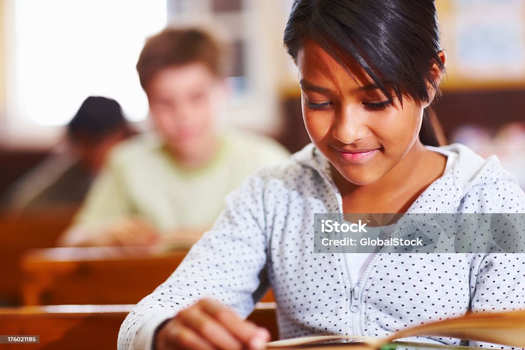 Lächelt hübsche Mädchen liest ein Buch in parlamentarische Bestuhlung - Lizenzfrei 12-13 Jahre Stock-Foto