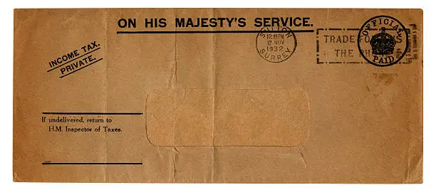 An official envelope issued by a tax office in England in 1932. 'His Majesty' was King George V.Some 'official' ephemera from my portfolio. Please see my lightboxes below for more postal history.