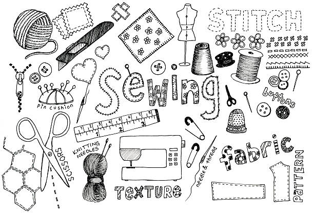 illustrazioni stock, clip art, cartoni animati e icone di tendenza di schizzi per abiti - sewing sewing machine textile thread