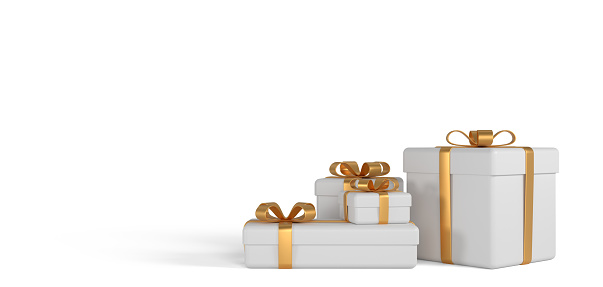 Front view of a square shaped Christmas gift box wrapped with brown craft paper shot on white background. The gift box is tied up with a golden bow. Predominant colors are brown and white.