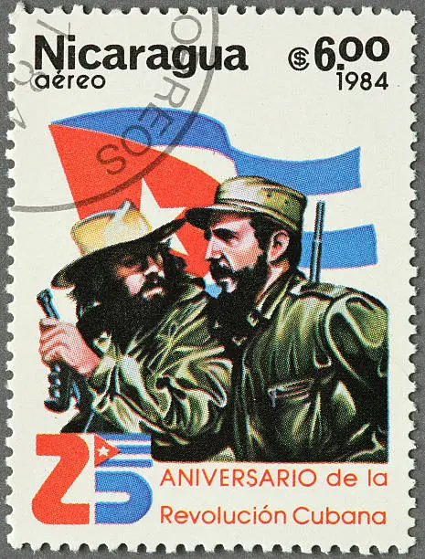 Nicarguan stamp honoring the Cuban Revolution with Che Guevara and Fidel Castro.