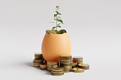 Egg shell full of coins having a green sapling plant on it and surrounding by stacks of golden coins. Illustration of the concept of bank savings and financial investment
