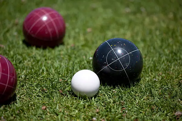 Bocce balls in the grass.