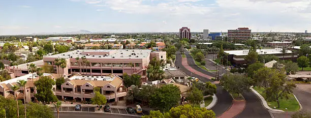 "View looking southeast, with Mesa Arts Center in the background (the blue building) and parking garage in the foreground."