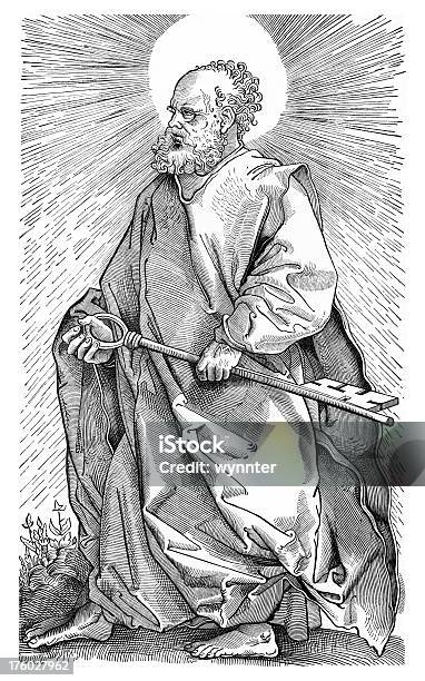 Ilustración de Saint Peter Tiene La Llave Hacia El Cielo y más Vectores Libres de Derechos de Santo - Santo, Estar de pie, Grabado en madera