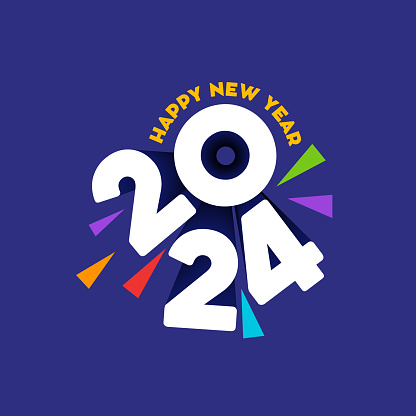 2024 Happy New Year typography banner design. 2024 Happy New Year Lettering on blue Background. New year logo vector Illustration.