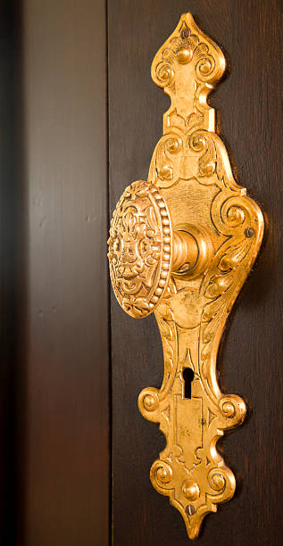 istock Golden antique door knob handle and plate. 176028214