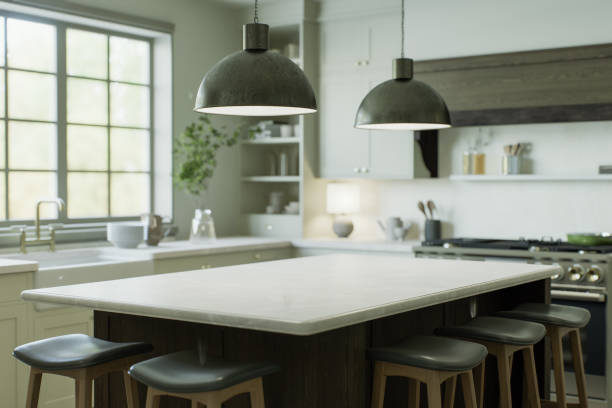 istock Blurred kitchen background with kitchen appliances and utensils with emphasis on the countertop for product presentation. Kitchen interior with bokeh. 3D rendering 1760285343