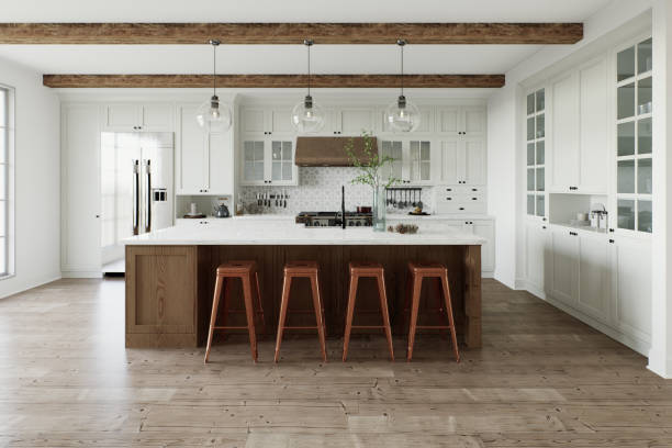 istock Traditional large L-shaped kitchen with large island and kitchen appliances. Kitchen interior with white cabinets and wooden island. 3D rendering 1760286405