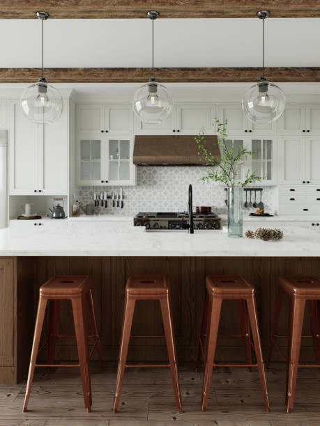 istock Traditional large L-shaped kitchen with large island and kitchen appliances. Kitchen interior with white cabinets and wooden island. 3D rendering 1760286406
