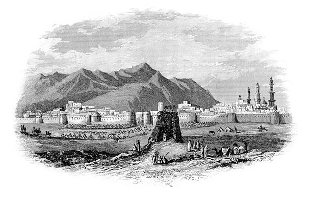 View of Al Madinah This vintage engraving depicts a view of the ancient, holy city of Al Madinah in Saudi Arabia, and burial place of the Islamic prophet Muhammad (also spelled Medina). Engraved by H. B. Hall after the drawing of Richard Francis Burton (1821 - 1890), who traveled in disguise to Mecca in the 19th century. Published in an 1868 history of Islam, it is now in the public domain. Digital restoration by Steven Wynn Photography. al madinah photos stock illustrations