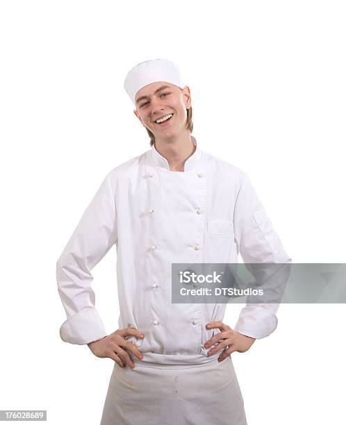 Young Chef Smiling Hands On Hips Stock Photo - Download Image Now - 20-29 Years, Adult, Adults Only
