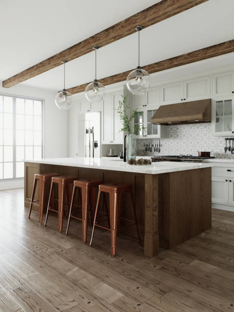 istock Traditional large L-shaped kitchen with large island and kitchen appliances. Kitchen interior with white cabinets and wooden island. 3D rendering 1760286920