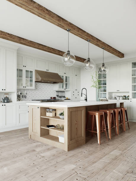 istock Traditional large L-shaped kitchen with large island and kitchen appliances. Kitchen interior with white cabinets and wooden island. 3D rendering 1760286921