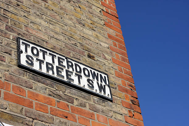 istock Road sign Totterdown Street brick wall blue sky 176029010