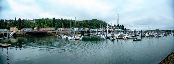 Ketchikan, USA - Aug. 7, 2023: Marina view in Ketchikan, Alaska, USA.