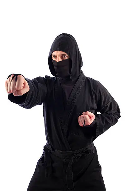 A ninja on an isolated white background executes a basic punch as seen from a diagonal front view.
