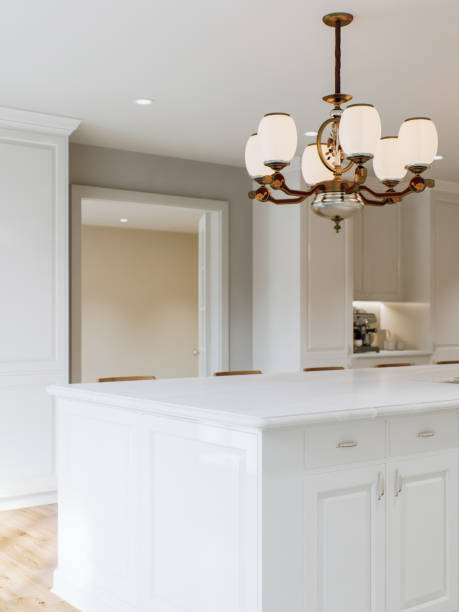 istock Kitchen white countertop with white marble, with blurred bokeh background. Presentation of goods in the kitchen interior on the countertop surface. 3D rendering 1760299320