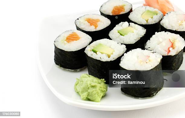 Maki Sushi Stock Photo - Download Image Now - Wasabi, White Background, Sushi