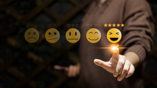 istock Customer review satisfaction feedback survey concept. Woman give rate to service experience excellent 5 star. Client evaluating online the quality of product service to reputation ranking of business. 1760312430