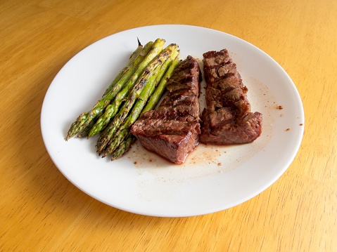 Atkins special a plate with beef sirloin tips, and grilled asparagus.