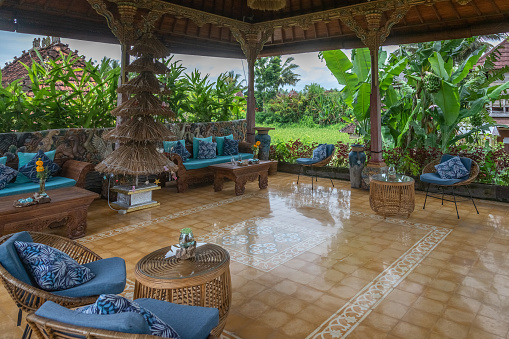 Typical scene and beautiful landscapes surrounding the town of Ubud, Bali, Indonesia. There are plenty of rice fields and magnificent small farms and charming shops and tea rooms.