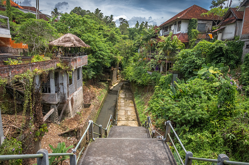 Typical scene and beautiful landscapes surrounding the town of Ubud, Bali, Indonesia. There are plenty of rice fields and magnificent small farms and charming shops and tea rooms.