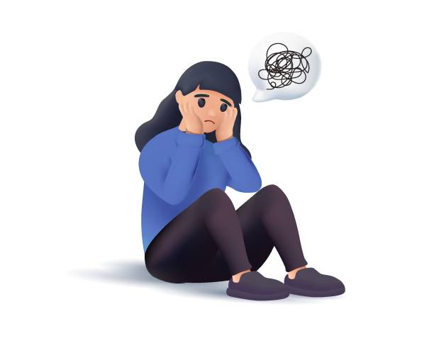 Woman in depression with bewildered thoughts in her mind 3D illustration. Young sad girl sitting and unhappy hugging her Woman in depression with bewildered thoughts in her mind 3D illustration. Young sad girl sitting and unhappy hugging her knees 3D vector edgy drawings stock illustrations
