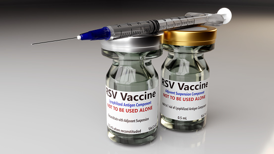3d render of vaccine vials used for Respiratory Syncytial Virus (RSV) and a syringe.