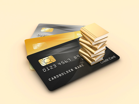 Stack of Books with Credit Cards - Color Background - 3D Rendering
