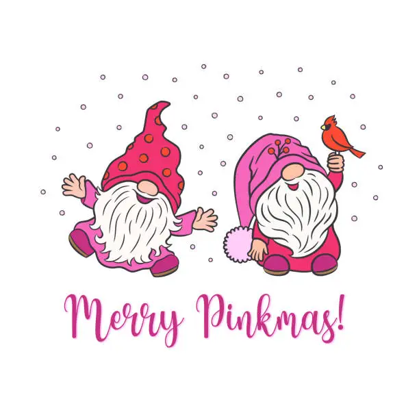 Vector illustration of Cute Christmas design fun gnomes smiling and dancing.