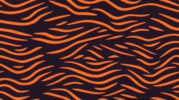 Vector illustration of Vibrant graphic wallpaper with stripes design. Tiger background. Movement illusion with optical distortion effect. Seamless print of tiger skin. Tiger skin - seamless pattern.