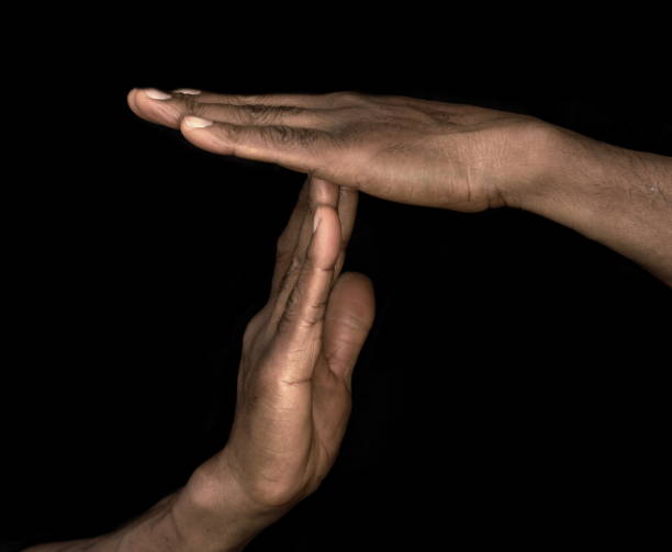 istock sign language with hand gestures speaking body language with people on black background stock photo 1760381321