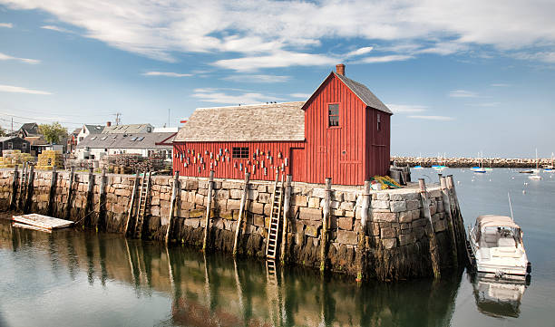 Motif Number One "Motif #1 is a well-known landmark fishing shack in Rockport, MA (US), which is frequently the subject of paintings and photographs. The shack is well-known by its name ""Motif #1"", which was given it by painter Lester Hornby, because it was so frequently a subject for his art students." essex county massachusetts stock pictures, royalty-free photos & images