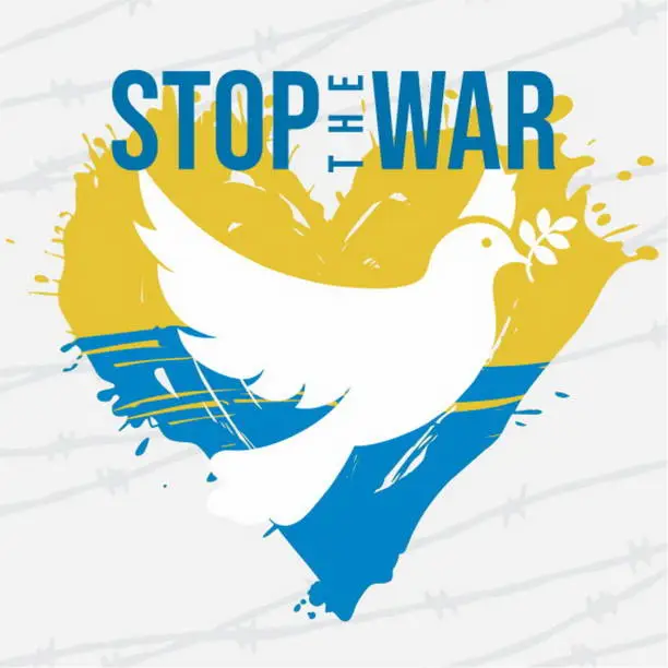 Vector illustration of No war. Ukrainian flag. Support for Ukraine. Peace for Ukraine. Stop war. Dove Flying