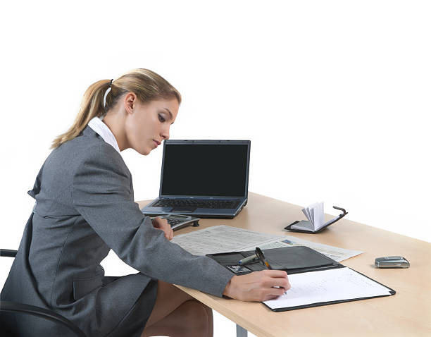 finance, business woman "finance, business woman with gray dress, isolated on white background, working on a laptop and analyzing bar chart statistics ..." jacraa2007 stock pictures, royalty-free photos & images