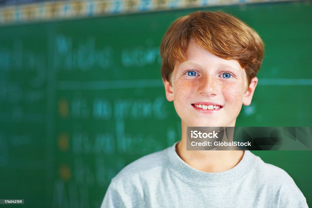 Ritratto di uno scolaro sorridente dal Consiglio - Foto stock royalty-free di 8-9 anni