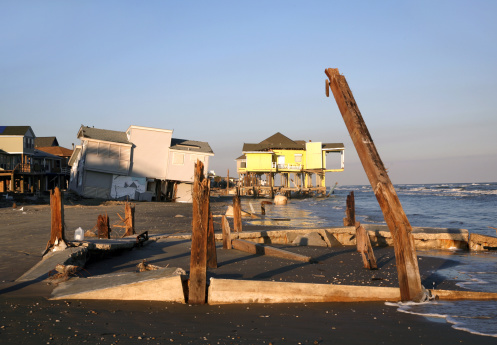 beach houses on Galveston Island damaged by hurricane
