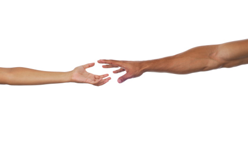 a hand (showing only the arm and hand) reaches out to another hand (also showing only the arm and hand); isolate on white background