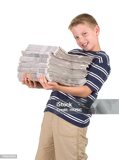 Standing Boy Holding Recycling Newspapers Isolated On White Clipping Path Stock Photo - Download Image Now