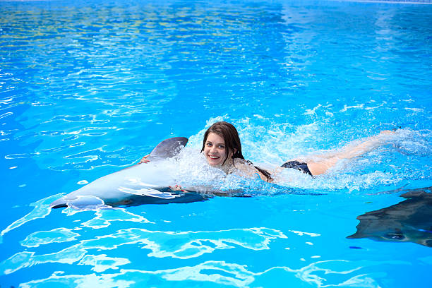 istock young woman swims with a dolphin in the pool 176043816