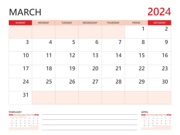 Vector illustration of Calendar 2024 template vector on red background, March 2024 template, Planner, week start on Sunday, Desk calendar 2024 design, minimal wall calendar, Corporate planner template vector