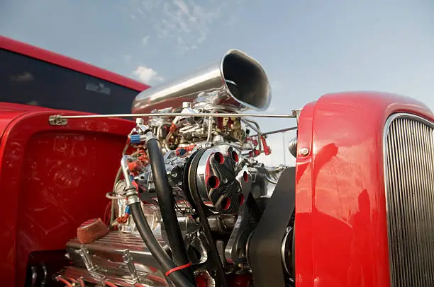 Engine of an old hot rod. 