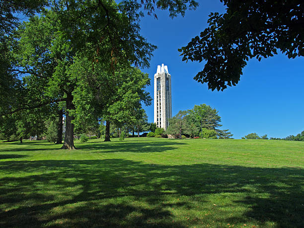 World War II Memorial Campanile, seen from Marvin Grove, campus of the University of Kansas, Lawrence, Kansas. 