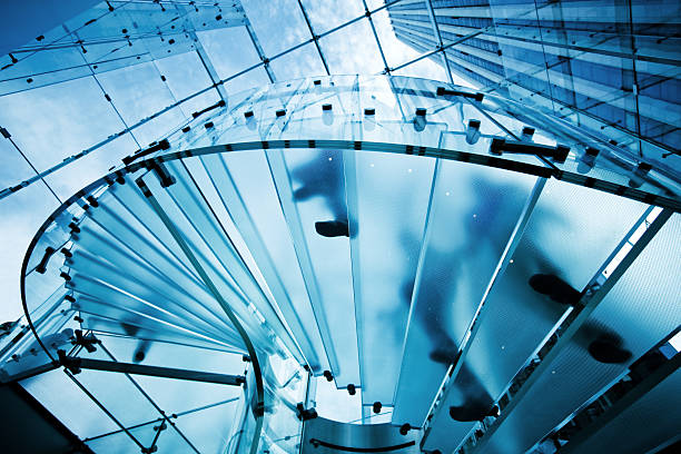 futuristische glas-architektur - personal perspective vanishing point diminishing perspective staircase stock-fotos und bilder